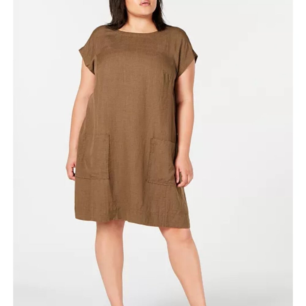 Eileen Fisher Women's Linen Blend Plus-Size Boat-Neck Shift Brown Dress Sz XL